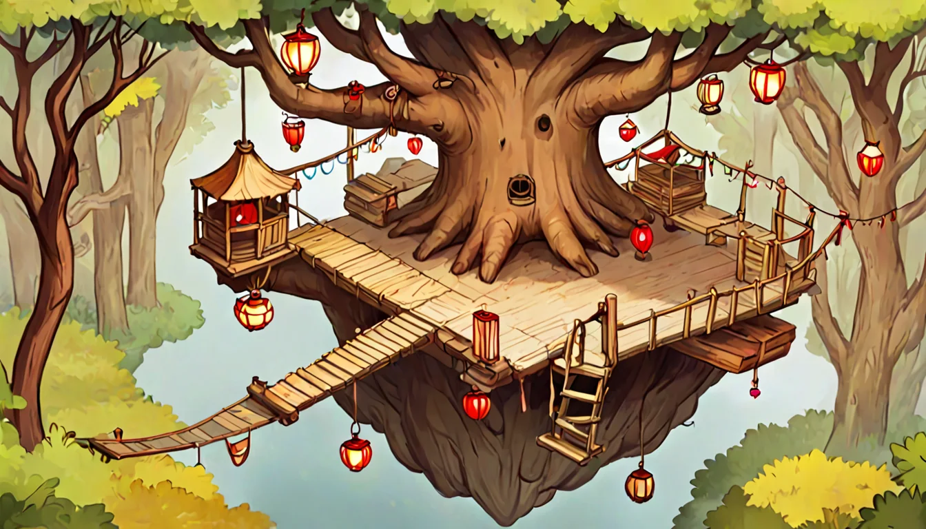Wooden plank platforms across giant branches, linked by rope bridges, high above a misty forest floor