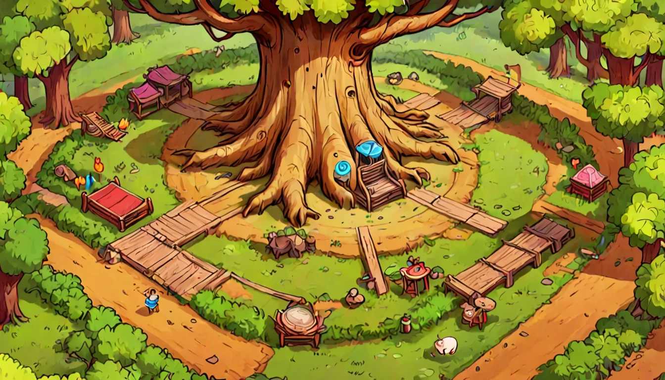 A giant tree trunk in a clearing, huge roots spreading out, a small village of fences and workbenches between the roots