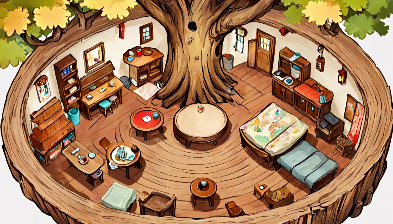 A round room inside a hollow tree trunk seen from above with the roof removed: hammocks, shelves, crafting tables
